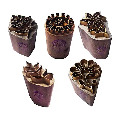 Buy Floral Brass Wooden Printing Stamps (Set Of 5) - DIY Fabric, Clay, Pottery Block • 11.99£