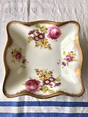 Buy Vintage Foley Bone China EB 1850 Gold Scalloped Floral Trinket Pin Square Dish • 12.95£