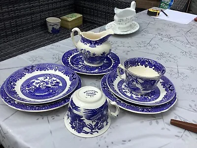 Buy Burleigh Ware  Blue & White Willow Pattern 2 X Trios Plus Plate And Jug • 22.50£