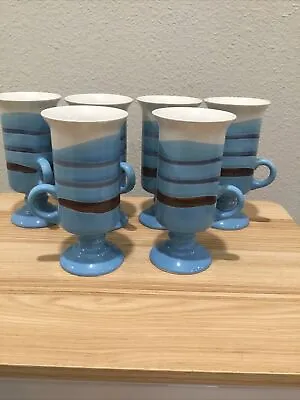Buy Set Of 6 Otagiri Irish Stoneware Pedestal Mugs 5-1/2  Tall Blue Blue W/Brown Str • 27.55£