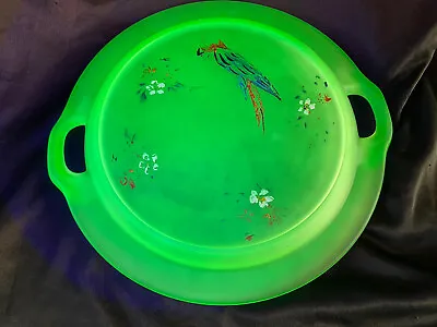 Buy Uranium Glass Hand Painted Serving Plate Depression Vaseline Glass Early 1900’s • 28.39£