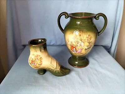 Buy Matching Vase And Boot. Staffordshire. England.. Green. Decorative Pottery.  • 15£