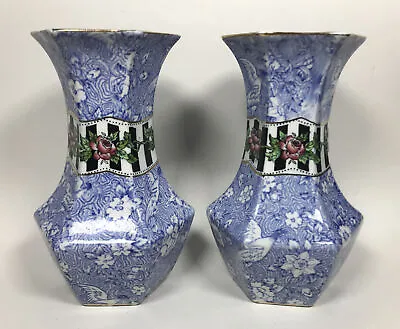 Buy Antique Deans Burslem Chintz Pair Vases 1901-1910 Blue Floral Made In England • 49.99£