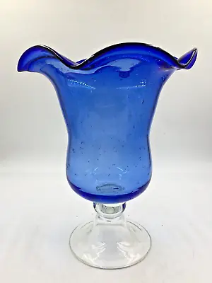 Buy Cobalt Blue Hand Blown Bubble Glass Vase ~ Clear Pedestal Base ~ 10.5  T ~ 8  W • 33.56£