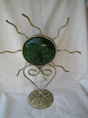 Buy Vintage Wrought Iron Candle-holder With Embossed Green Glass Disc • 9.95£