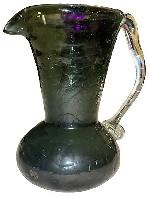 Buy Vintage Mini Green Glass Crackle Smokey Green Clear Handle Vase Flower Pitcher • 18.97£