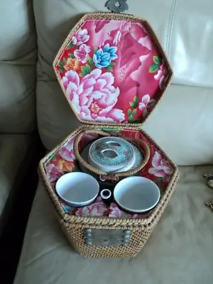 Buy Vintage Chinese Porcelain Wedding Tea Set In Padded Woven Travel Picnic Basket • 45£
