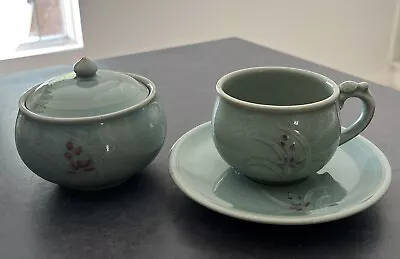 Buy Vintage Korean Celadon Pottery Teacup, Saucer & Sugar Bowl • 25£