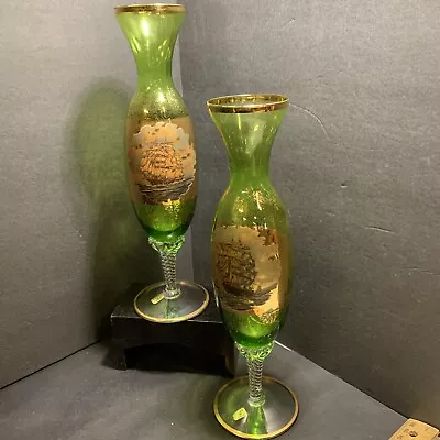 Buy 2 Antiqu￼e Italian Gold Gilt Green Hand, Painted Glass, Sailing Ships Vase • 16.81£