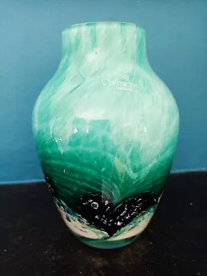 Buy Vintage Heavy Caithness Glass Teal & Black Heart Design Vase • 8.50£