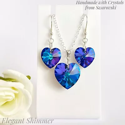 Buy 925 SILVER Necklace & Earrings Set With Swarovski®️ Heliotrope Heart Crystals. • 30£