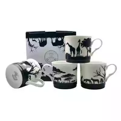 Buy Black & White Safari Animals Mugs Set Of 4  Bone China Design Boxed Mug Elephant • 24.99£