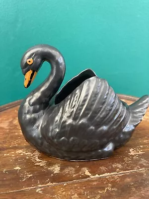 Buy Dartmouth Devon Black Pottery Swan Ornament / Planter  ~Kitsch Mid-Century Decor • 6.75£