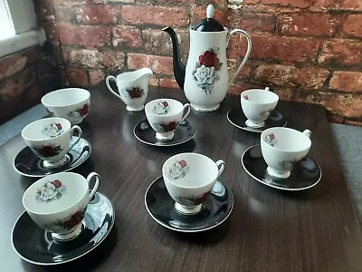 Buy Vintage QUEEN ANNE Bone China Tea Set Black,White,Red Rose ,Made In England.  • 150£