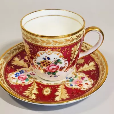 Buy Antique English Cauldon Demitasse Cup Saucer Red Gilt Hand Enameled Florals • 260.90£