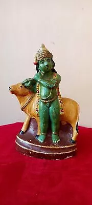 Buy Vintage Lord Krishna Singing Flute & Cow Old Pottery Terracotta Clay Idol Statue • 114.31£