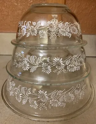 Buy Set 3 Vtg Pyrex Clear Colonial Mist Nesting Mixing Bowls White Lace Daisies • 52.83£