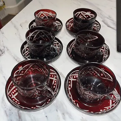 Buy 6 Vintage Cranberry To Clear Cut Glass Teacups And Saucers Hand Blown VGC • 35£