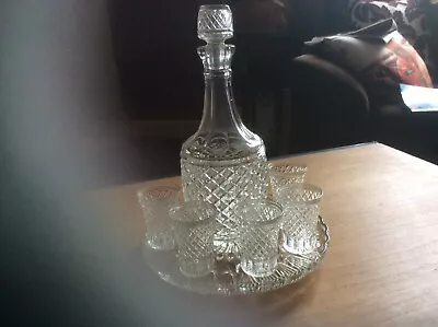 Buy Vintage Cut Glass Decanter, Tray + 6 Glasses Set • 30£
