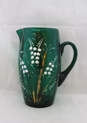 Buy Antique Bristol Green Glass Jug Enamelled Lily Of The Valley, Hand Blown • 6.99£