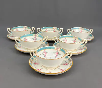 Buy 6 Antique Minton PERSIAN ROSE (Older) B838 Flat Bouillon Cup & Saucer Sets • 289.12£