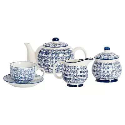 Buy 15 Piece Hand-Printed Tea Set Patterned Porcelain Teapot Cups Saucers Navy • 33£