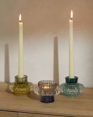 Buy Next Set Of 3 Colour Block Glass Tea Light & Tapered Candle Holders Brand New • 11.99£