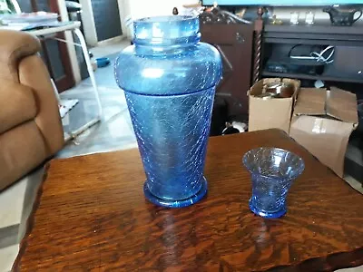 Buy Antique Cracked Efect  Colbolt Blue Art Deco Vase And Glass • 5.99£