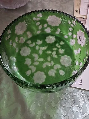 Buy Vintage Collectible Green Cut To Clear Cut Glass Etched Bowl Candy Fruit Dish  • 46.37£