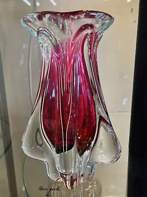 Buy Bohemian 1414 Heavy Art Glass Vase. Red And Clear - Hand Made & Perfect • 19.95£
