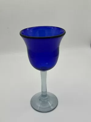 Buy 🧩 Hand-blown Cobalt Blue Wine Glass Clear Stem 7.5  • 11.43£