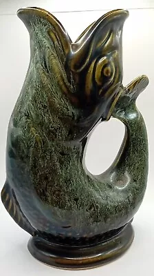 Buy Vintage Fosters Cornwall  Motttle Green Fish Glug Jug Gurgle Vase 7.5 Inch • 9.99£