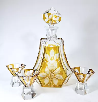 Buy VTG Bohemian Czech Rich Amber Flashed Glass Art Deco Decanter Set /3 Glasses • 136.23£