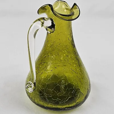 Buy Mid Century Crackled Olive Small Glass Vase Hand Blown Antique With Handle • 10.41£