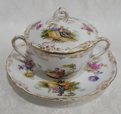 Buy Dresden Porcelain Cream Soup Cup W/lid &saucer Hp Courting Scene, Flower Rare • 189.74£