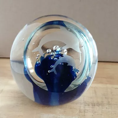 Buy Blue Round Glass Paperweight Etched Dolphin Design With Controlled Bubbles! • 8.99£