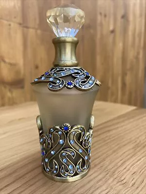 Buy Frosted Glass Perfume Bottle With Gold Coloured Metal & Blue Stones • 9.99£