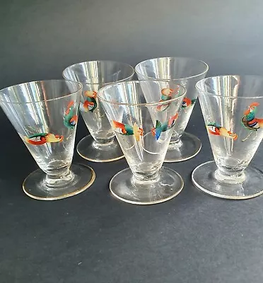 Buy 5 X Deco Hand Painted Conical Large Crystal Sherry Glasses Cock Rooster Fighting • 40£