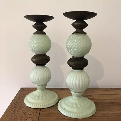 Buy Shabby Chic Mint Green Glass And Antique Gold Colour Metal Pair Of Candlesticks • 20£