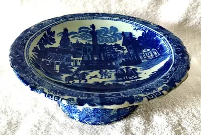 Buy Antique Flow Blue Victoria Ware Ironstone Shallow Pedestal Bowl • 46.38£