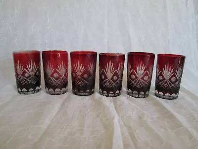 Buy Set 6 RUBY RED Cut To Clear Thumbprint Bohemian Czech 4  Tumblers Juice Glasses • 132.60£