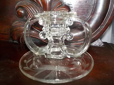 Buy Vintage Glass Candlestick Clear Engraved Candle Holder Art Deco 1930s (BSK1) • 15£