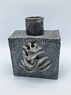 Buy SIGNED Brutalist Square Terracotta Modern Slab Bottle Vase In Grey 3D Design 6in • 25£