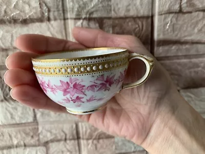 Buy Antique Worcester Monochrome Floral Beaded & Jewelled Laced Rim Tea Cup C1876 • 19£