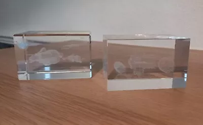 Buy 2 Vintage Etched 3d Laser Glass Rectangle Paperweights Of Elephant Family & Pisa • 0.99£