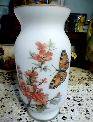 Buy HandPainted Bristol Satin Glass Vase, Butterfly & Flowers, 1920 S 9.5  High • 29.99£