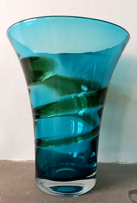 Buy Whitefriars 9708 Large Flared Vase In Kingfisher Blue With Green Swirls C1969 • 95£