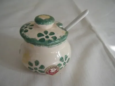 Buy Condiments Pot .with Lid And Spoon. Presingoll Pottery Pot. Green Flower Design • 3.99£