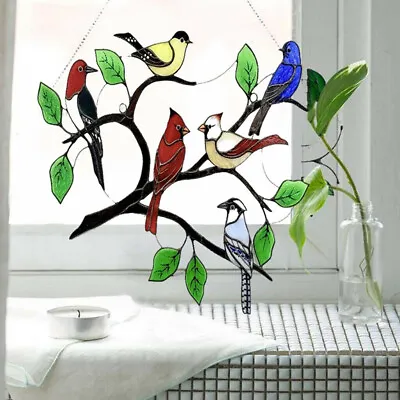 Buy Stained Glass Birds-On-Branch Window Panel Hanging Sun Catcher Home Garden Decor • 8.34£