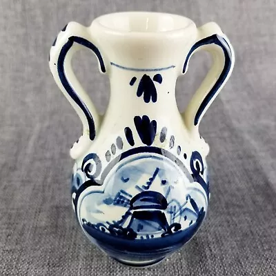 Buy Vintage Holland Delft Porcelain Vase Ewer White Blue Windmill 4.25  Two Handles • 16.16£